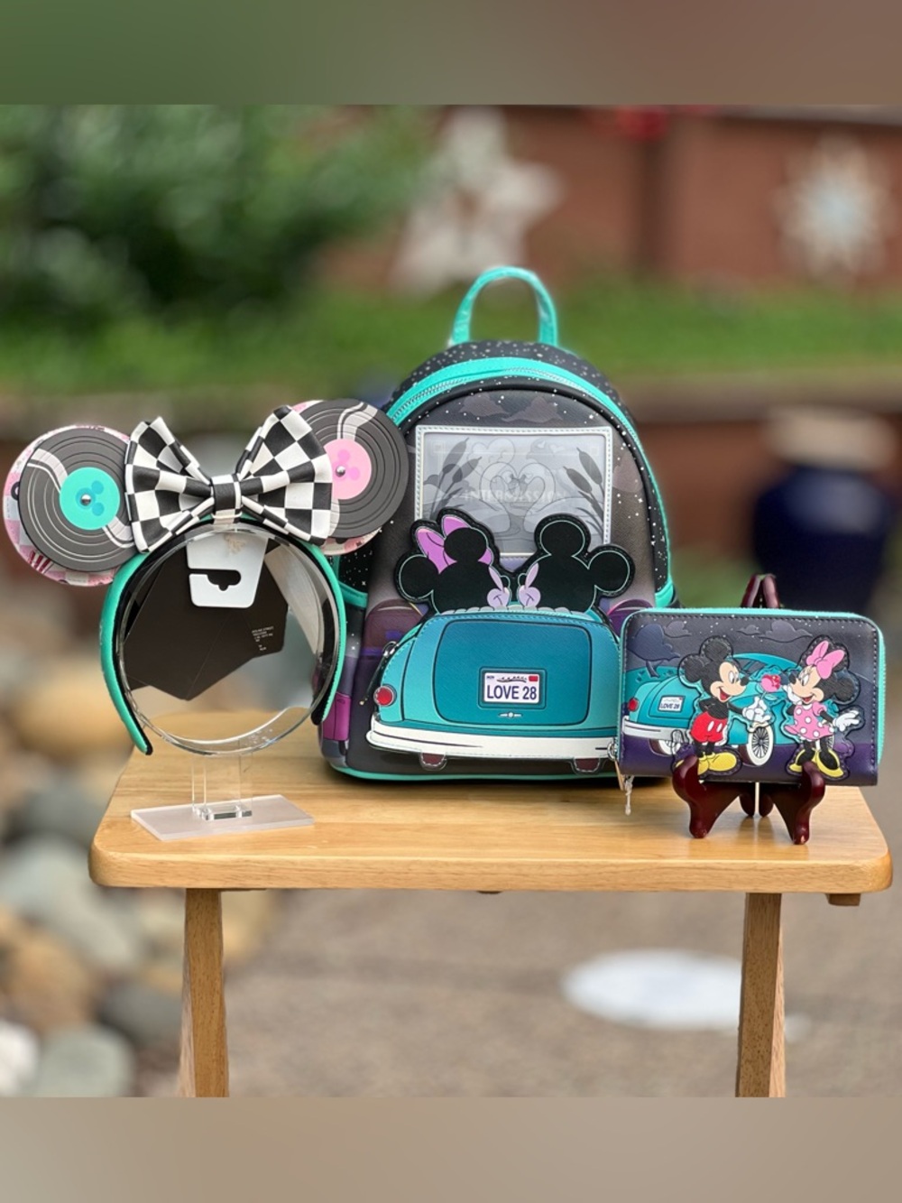 Loungefly Disney Mickey & Minnie Date Night Drive-In Backpack Wallet & Ears NWT